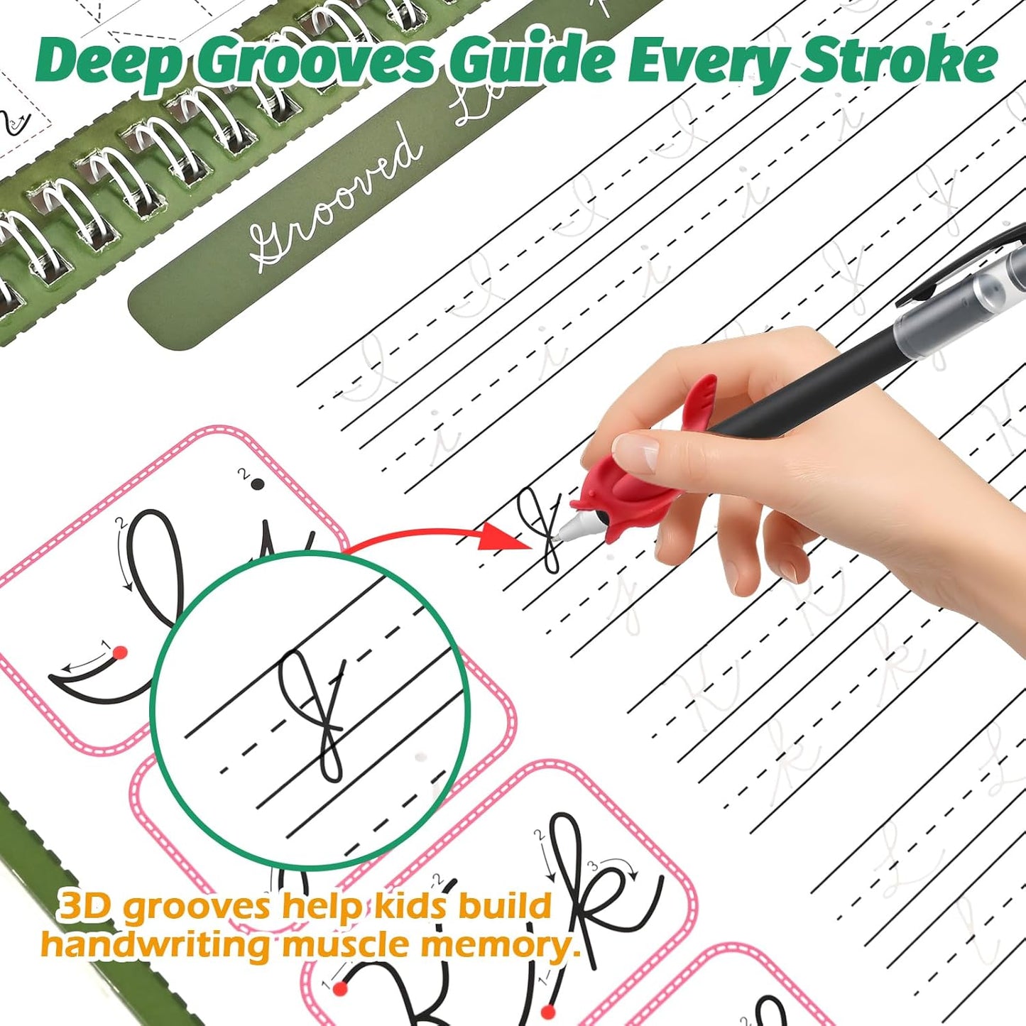 4-Pack Reusable Grooved Cursive Handwriting Workbooks with Disappearing Ink Pens, Cursive Practice Kit for Letters, Words, Sentences & Reading, Cursive Handwriting Workbook Ages 6–12