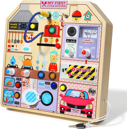 JAUNTY Montessori Wooden Busy Board for Toddlers 3 4 5 Years Old, Wooden Sensory Toddler Toys with LED Light Switches, TV Radio Telegram and Car Driving, Travel Toys Birthday for Boys Girls