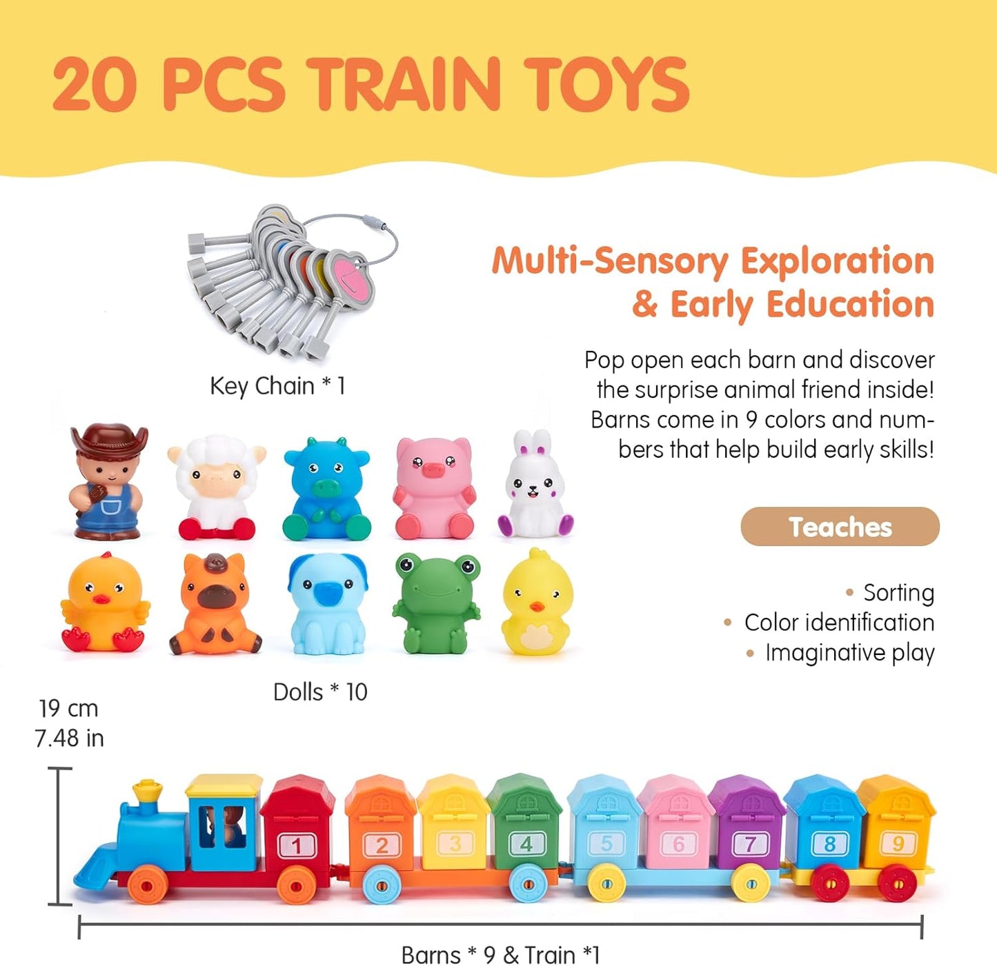 Toddler Learning Toys for 2 3 Year Old-Counting Matching & Sorting Activity Montessori Train Set with Farm Animals Finger Puppets Keys to Lock and Unlock Barn Birthday Gift for Boys Girls 2-5