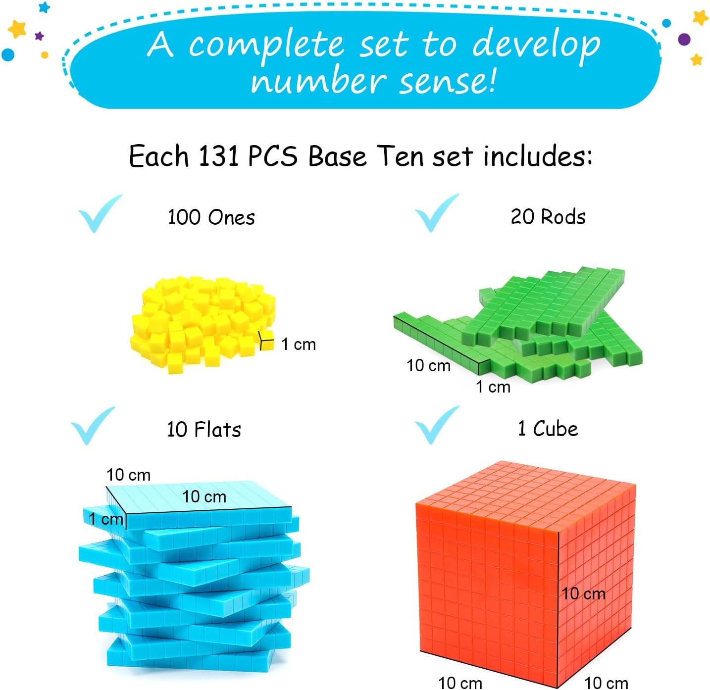 Simply magic 131 PCS Base Ten Blocks for Math - Place Value Blocks, Base 10 Math Manipulatives K-3, Math Counters, Number Blocks, Math Cubes for Kids, Counting Blocks - Kindergarten 1st 2nd 3rd Grade
