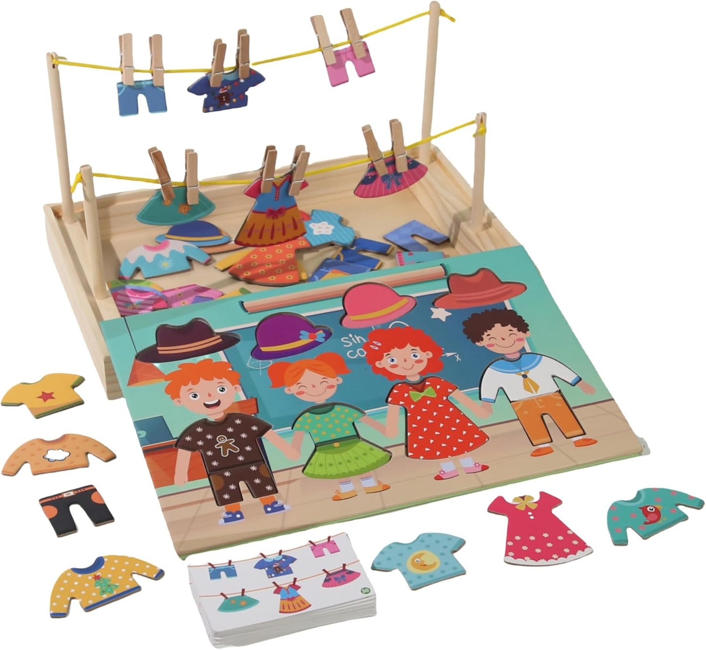 Montessori Practical Life Clothes Hanging Job Rope Strings Hanging Clothes with Clothespins Airing Clothes Montessori Classroom Clothes Hanging Dress-Up Game for 2-6 Years Old Toy Educational Gift