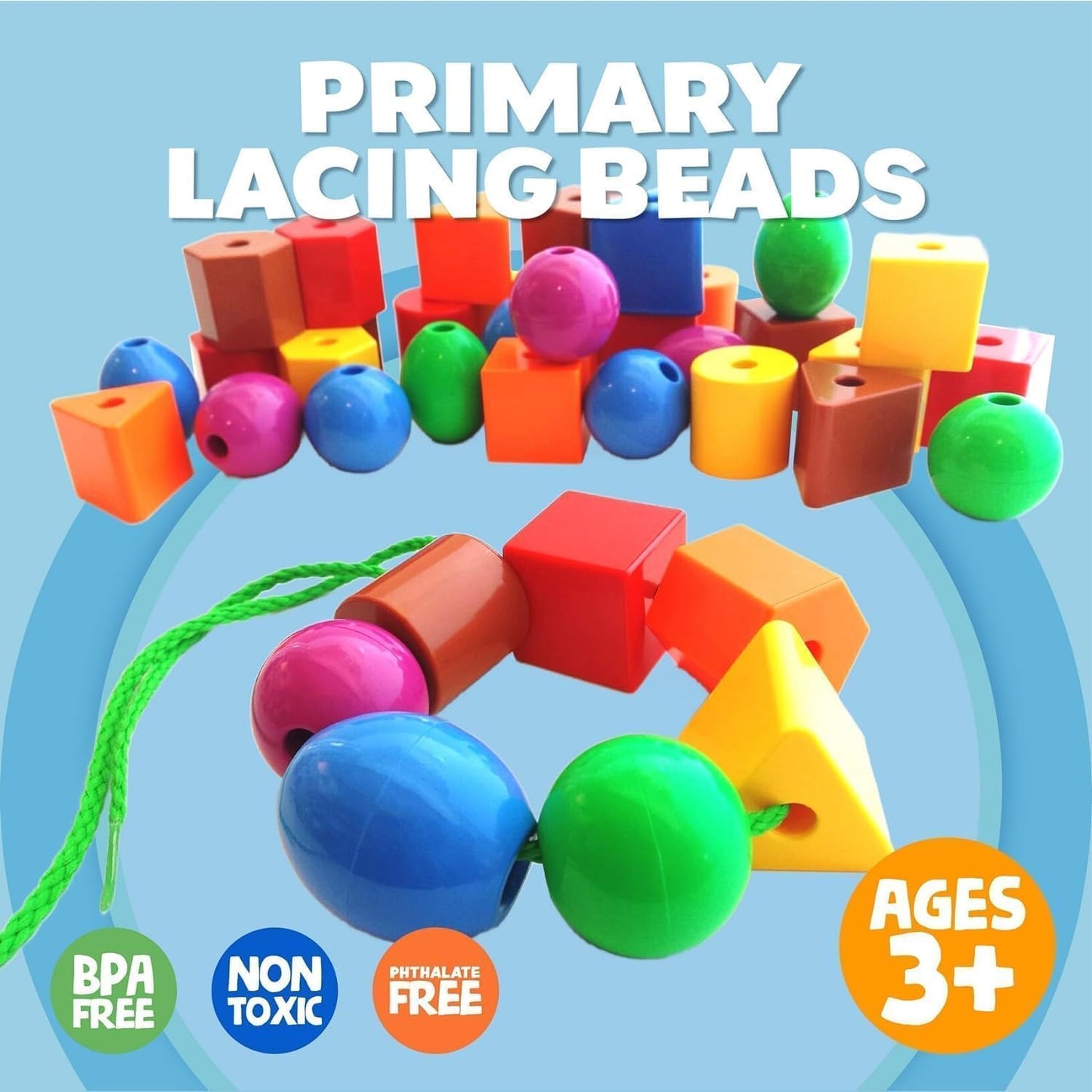 Skoolzy Lacing Beads 30 Pcs for Montessori Toys for 3 Year Old and Toddler Crafts Ages 2-4 with Beads for Kids Learning and Travel Activities Fine Motor Skills Toys