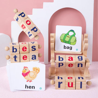 Wooden Reading Blocks, 5 Sets of Short Vowel Rods and 40 Sight Words Flash Cards, Turning Rotating Letter Puzzle for Kids, Montessori Spelling Toy for Preschool Boys Girls Ages 3+