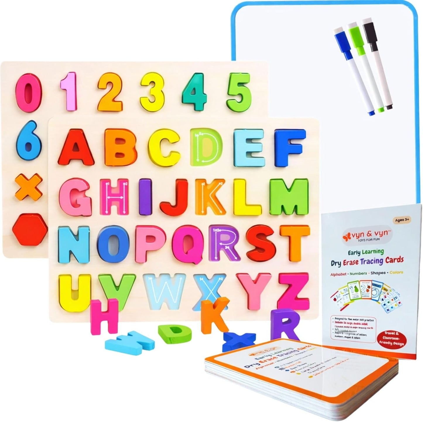 Wooden Puzzles for Toddlers 3-5 | Alphabet Number Shape Montessori Learning Toys | Magnetic Whiteboard, Flashcards & Markers | Preschool Educational 5-in-1 Learning Kit | VYN & VYN (Rainbow)