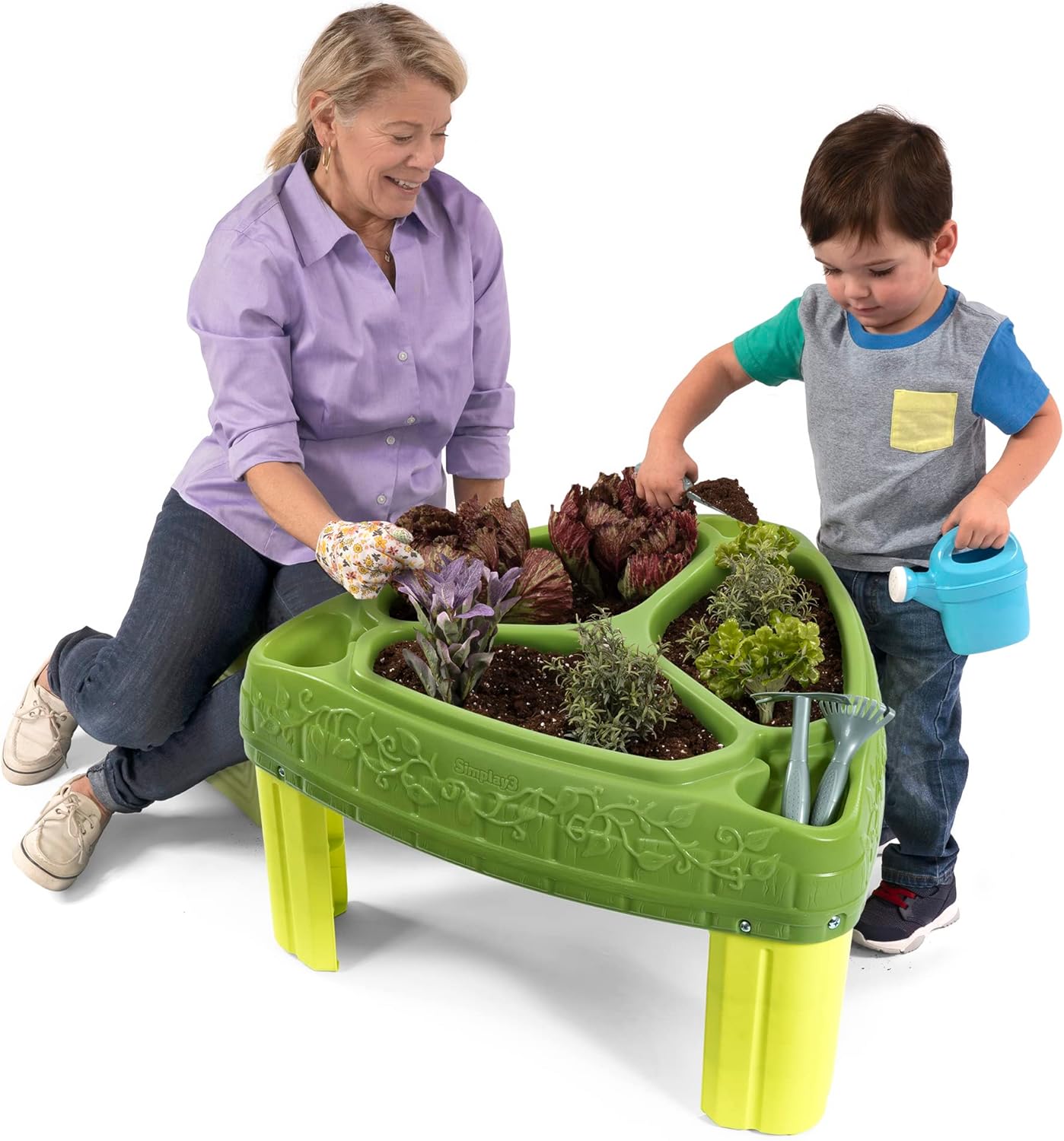 Simplay3 Seed to Sprout Raised Garden Planter, Kids Outdoor Kit with Garden Tools for Growing Flowers or Vegetables, Green, Made in USA