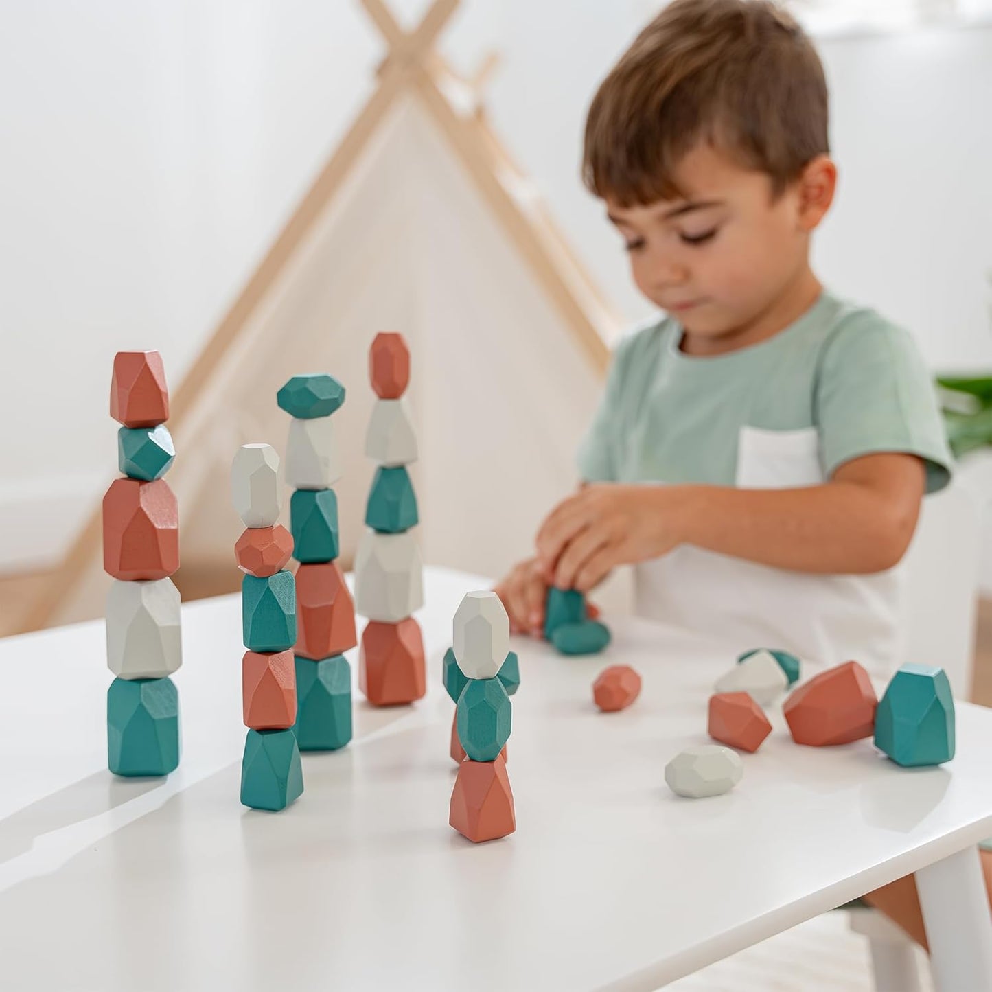 Comfy Cubs Stacking Rocks 36 Pieces, 36 Months+, Educational Toddler Stacking Blocks, Promotes Imagination, Balance & Fine Motor Skills - Wooden Rocks Sensory Toys Gift for Kid, Neutral Pack