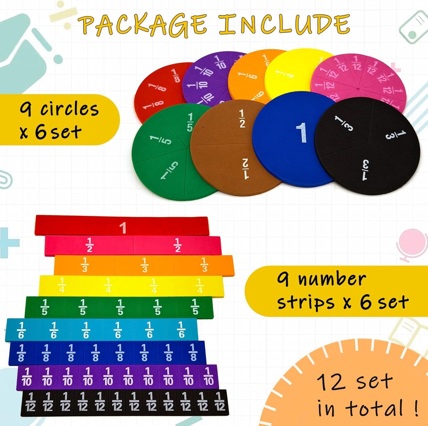 12 Sets Fraction Bars Include 6 Sets Fraction Tiles and 6 Sets Fraction Circles for Math Classroom Foam Fractions Manipulatives Math Manipulatives for Home School Supplies
