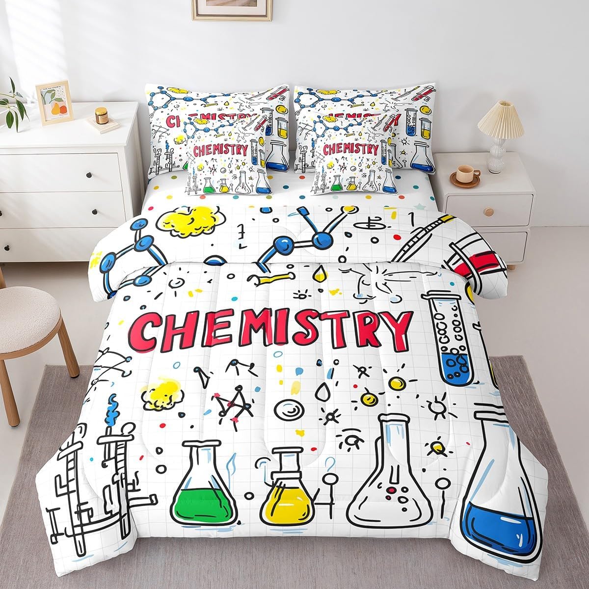Erosebridal Chemical Equation Bed in a Bag Queen Comforter Set 7 Piece,Chemistry Bedding Sets Science Students Learning Gift Sheet Set with Comforter,Molecular Formula Education Bed Set - Colors A