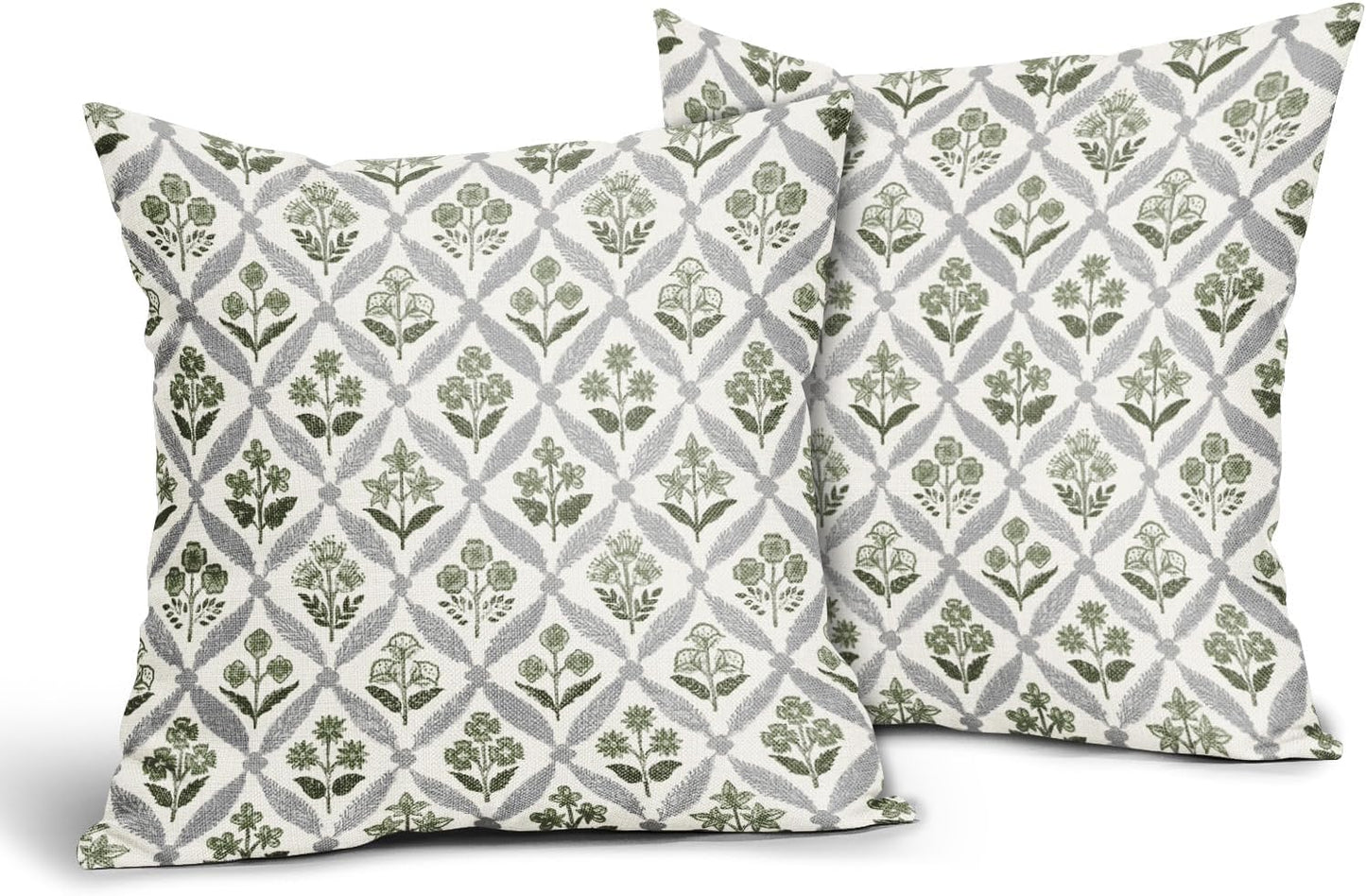 Blue Green Floral Block Print Pillow Covers 12X20 Set of 2, Flower Pattern Spring Summer Print Decorative Throw Pillow Covers Outdoor Farmhouse Seasonal Cushion Case Couch Sofa Bed Decor