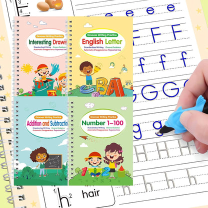 4 Pcs Reusable Grooved Handwriting Practice Books, Magic Practice Copybook with Disappearing Ink Pens Pencil Grips, Handwriting Workbook Letter Tracing Books for Kindergarten Preschool Kids Age 3-8