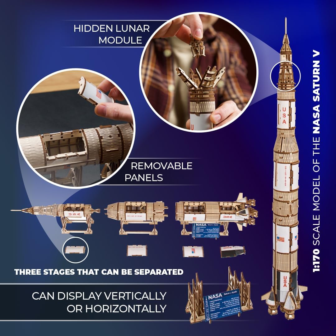 UGEARS NASA Saturn V 3D Puzzles for Adults - Wooden Model Kits for Adults Model Rocket Full Kit Space Shuttle Model Aerospace Engineering Gifts Brain Teaser, Hobby Set