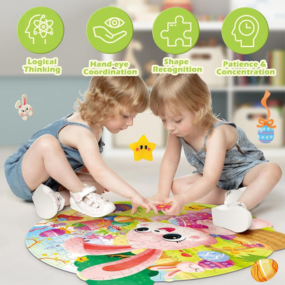 Easter Puzzles for Kids Ages 4-8, Easter Basket Stuffers 79 Pieces Kids Floor Puzzles Ages 4-6, Large Round Jigsaw Puzzles for Toddler, Bunny Puzzle Educational Toys Gifts for Girls Boys