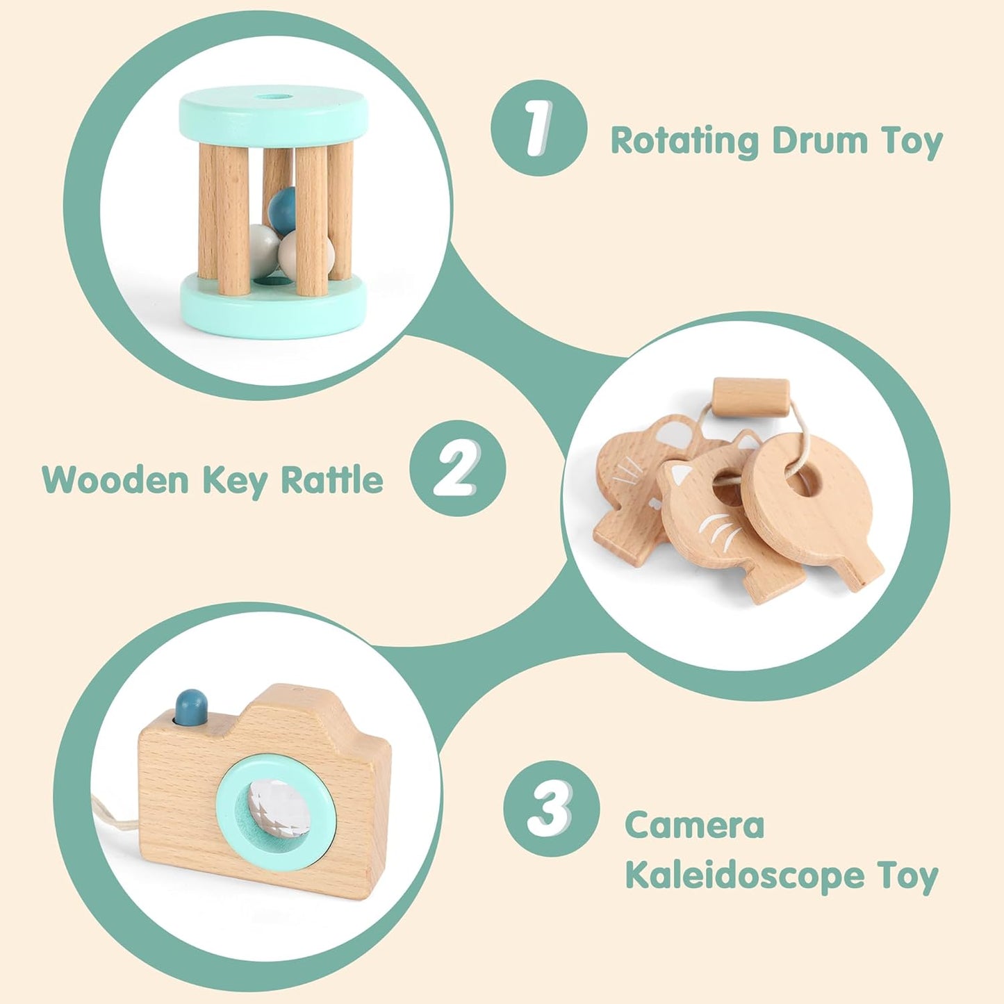 FReniland Wooden Montessori Toys, 4-Piece Wooden Baby Toy, Rainbow Stacking Ring,Car Push and Pull Toy, Rocket Stacking Ring Babys Toys,Newborn Baby Gift Sets for Boys and Girls