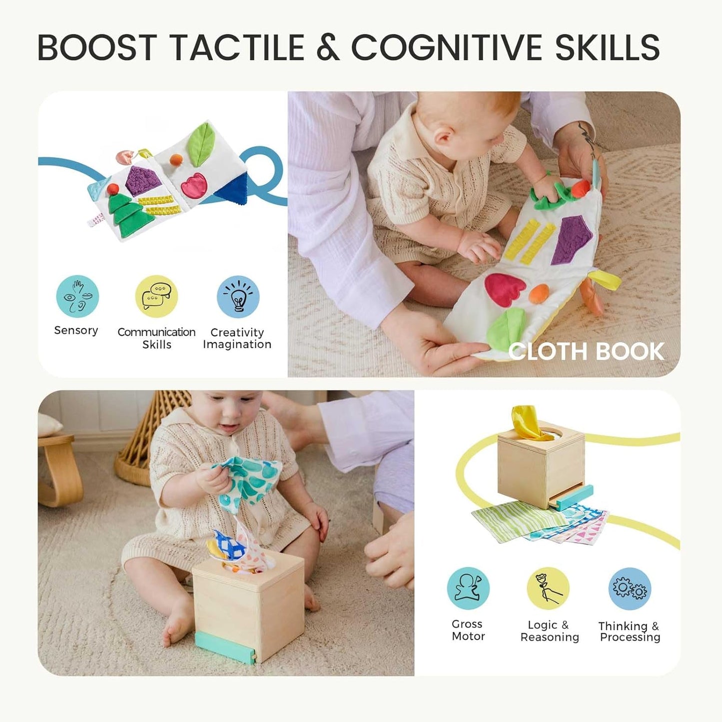 Tiny Land Montessori Toy Set for Babies 7-9 Months Senser Play Kit - 5-in-1 Wooden Learning Toys with Object Permanence Box, Sensory Ball, Stacking Cups and Mirror Puzzle,Body Board Book