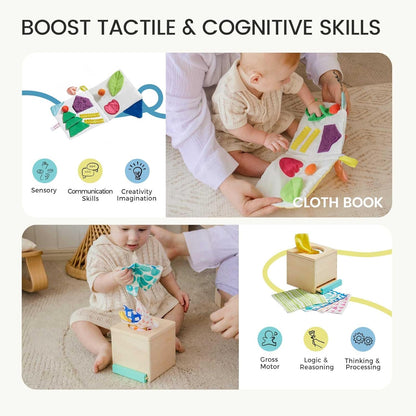 Tiny Land Montessori Toy Set for Babies 7-9 Months Senser Play Kit - 5-in-1 Wooden Learning Toys with Object Permanence Box, Sensory Ball, Stacking Cups and Mirror Puzzle,Body Board Book