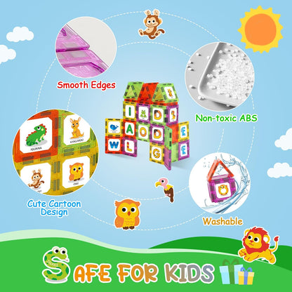Magnetic Tiles Letters Learning Toys, Animals Alphabet ABC Magnets for Kids 1-3 2-4 3-5, Toddlers Classroom Must Haves Construction Stacking Toys, Teacher Educational Supplies for Preschool Spelling