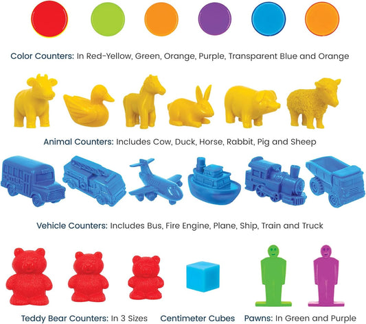 Junior Learning: Counters Multi-Pack - 555 Various Pieces - Multiple Colors-Shapes-Styles, Animal-Vehicles-Cubes, Use for Kids Math & Learning Games