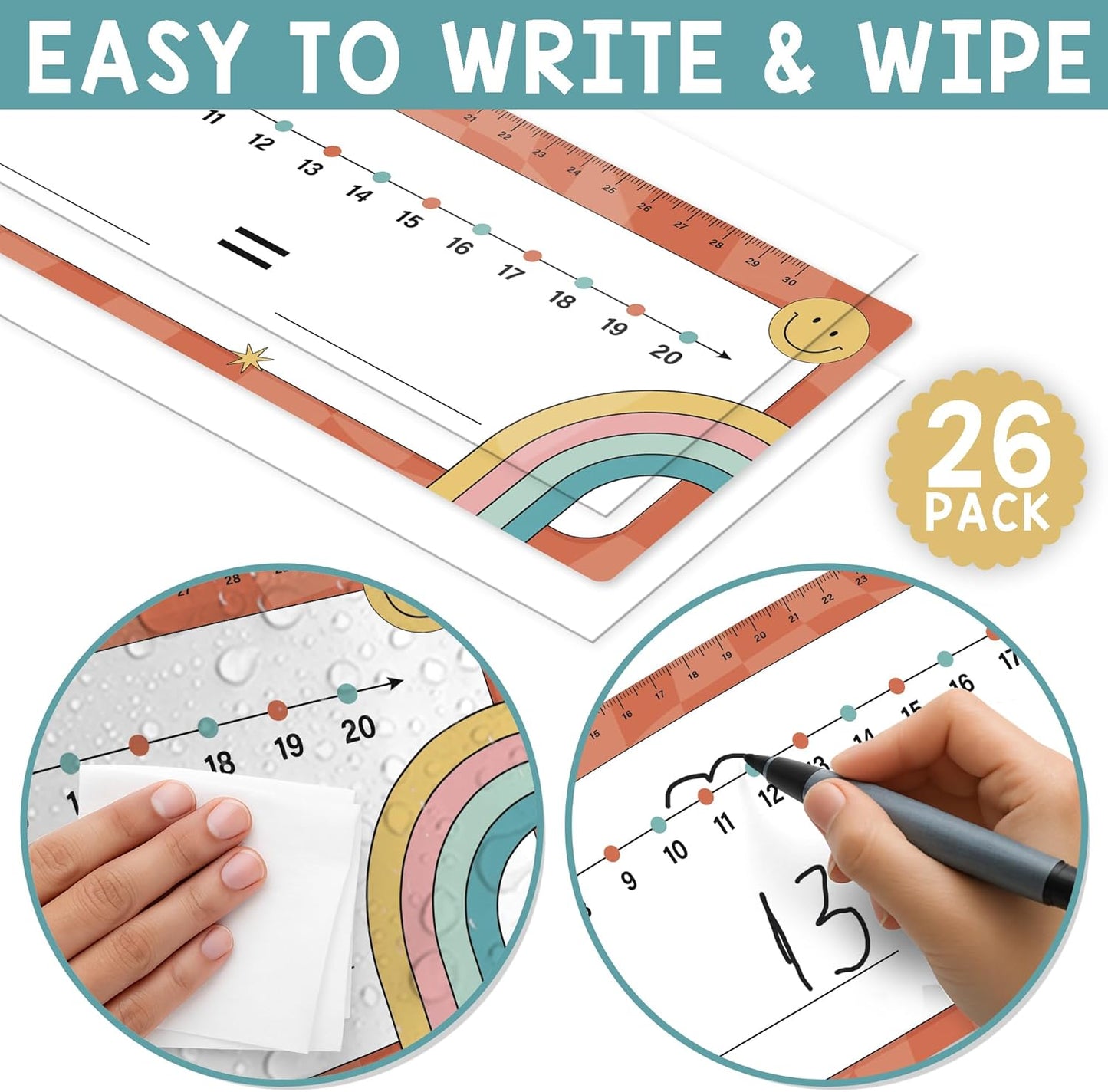 26 Pack Boho Number Line Dry Erase Boards Cards, 14"x4", Double-Sided, 0-10 on One Side & 0-20 on Other Side, Math Manipulatives for Student, Education Classroom Must Haves