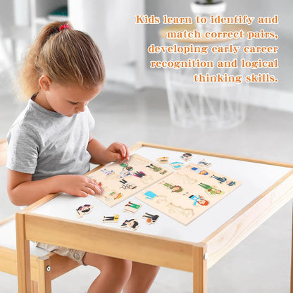 2 Set Wooden Puzzle for Toddlers Community Helpers Cognition Peg Puzzle Wood Blocks Multicultural Occupational Career Character Interchangeable Educational Toys Preschool Learning for Kids Children