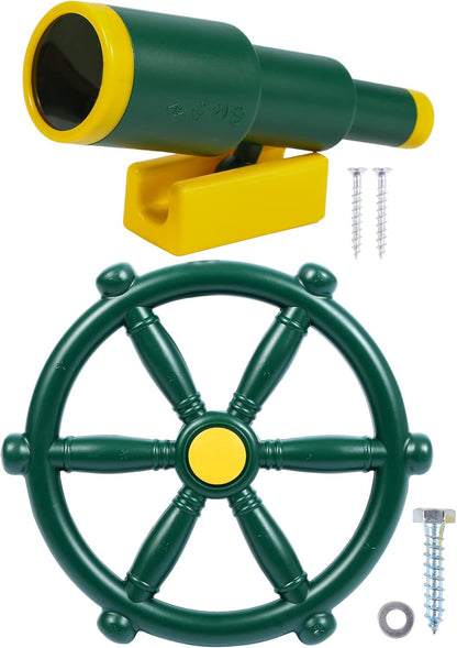RedSwing Playground Accessories for Kids, Outdoor Swingset Attachments with Pirate Ship Wheel, Toy Telescope, Telephone and Safety Handles (Yellow and Green)