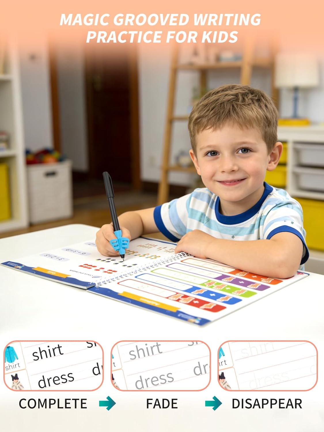 Magic Grooved Writing Practice for Kids Ages 3-8, Reusable Handwriting Workbooks for Preschool Learning, Letters Numbers Math & Drawing Tracing Books with Disappearing Ink Pens, Educational Gift