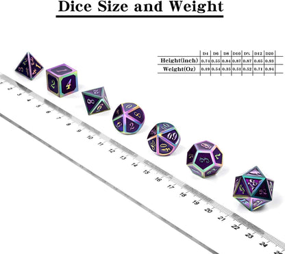 DnDnD Heavy Polyhedral Metal Dice Set with Metal Box, 7-die Shiny Blue Surface with Golden Number for RPG,Dungeons and Dragons,Pathfinder,Shadowrun,D&D,Role Palying Game and Math Teaching - Colors A