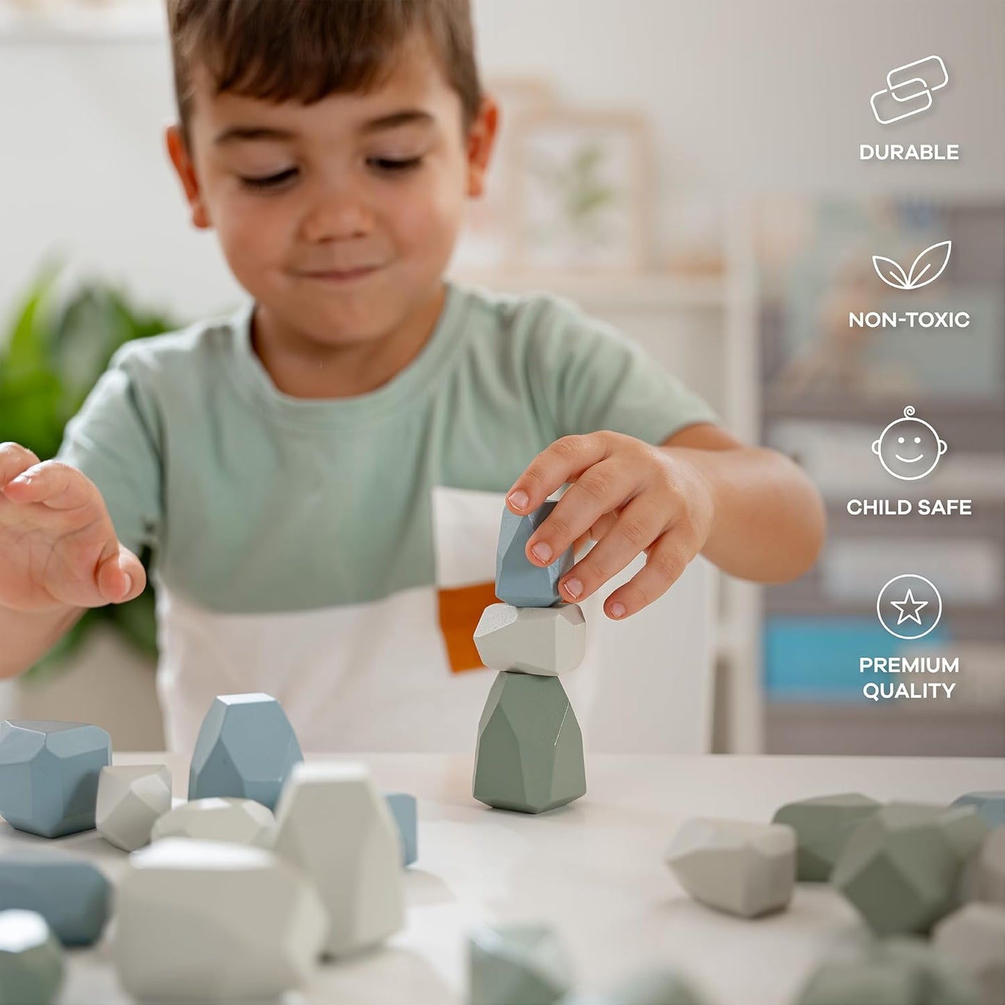 Comfy Cubs Stacking Rocks 36 Pieces, 36 Months+, Educational Toddler Stacking Blocks, Promotes Imagination, Balance & Fine Motor Skills - Wooden Rocks Sensory Toys Gift for Kid, Neutral Pack