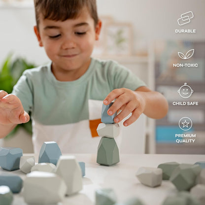 Comfy Cubs Stacking Rocks 36 Pieces, 36 Months+, Educational Toddler Stacking Blocks, Promotes Imagination, Balance & Fine Motor Skills - Wooden Rocks Sensory Toys Gift for Kid, Neutral Pack