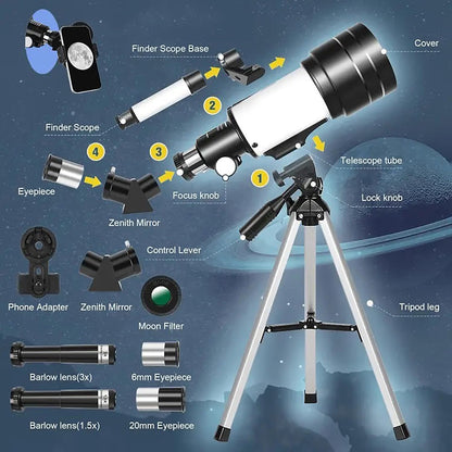 Astronomical Astronomical Telescope 150X High-Powered,Portable with 70mm Aperture (HD Refractor, Tripod, Phone Adapter, and Wireless Remote) Ideal for Stargazing and Space Exploration