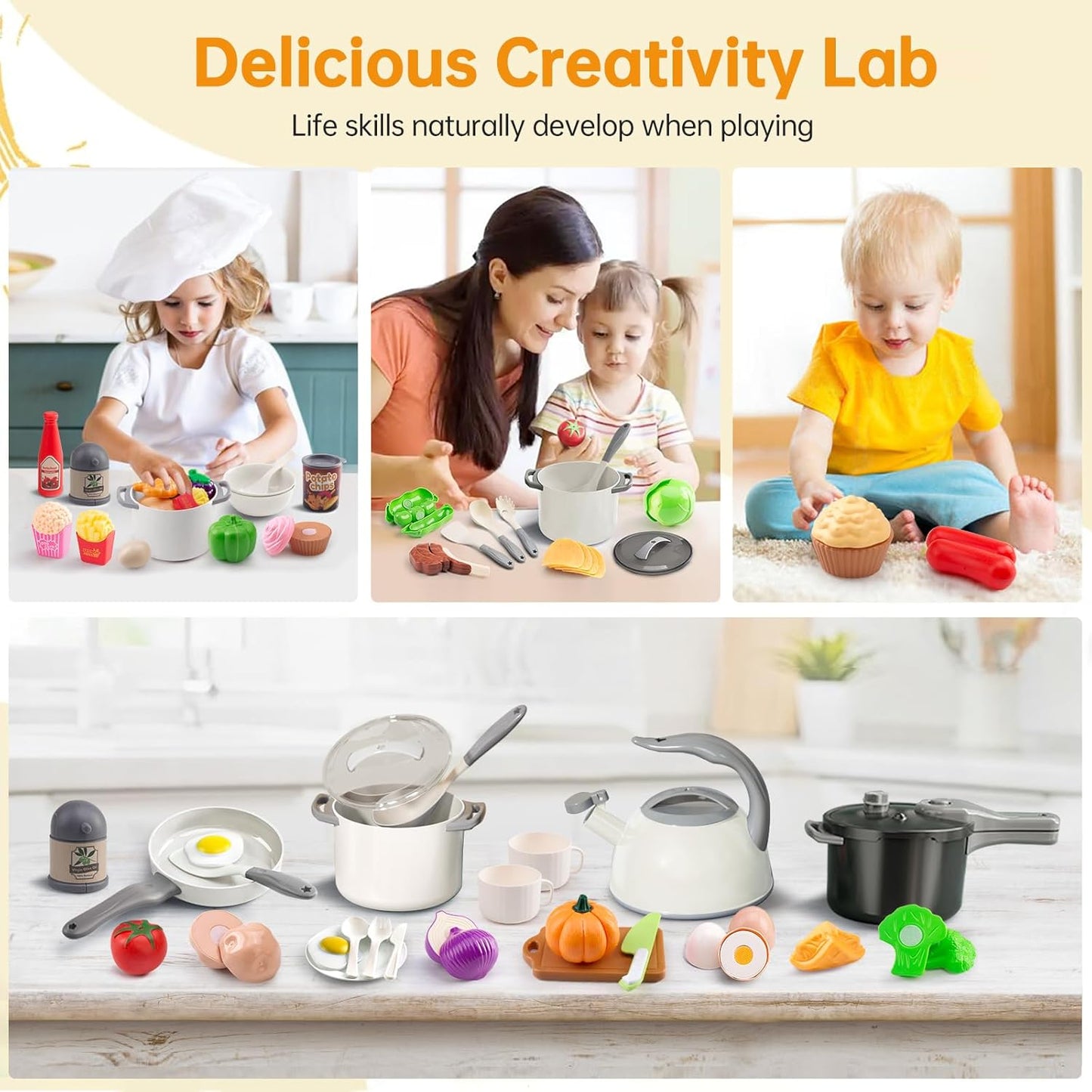 130Pcs Kitchen Playset, Toddler Pretend Cooking Play Pots, Pans, Utensils Cookware, Daily Food Fruit Veges, Shopping Storage Basket, Dessert, Prop Money, Learning Gift for Child (Pink)