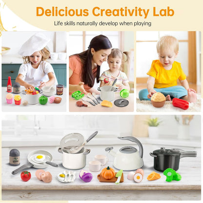 130Pcs Kitchen Playset, Toddler Pretend Cooking Play Pots, Pans, Utensils Cookware, Daily Food Fruit Veges, Shopping Storage Basket, Dessert, Prop Money, Learning Gift for Child (Pink)
