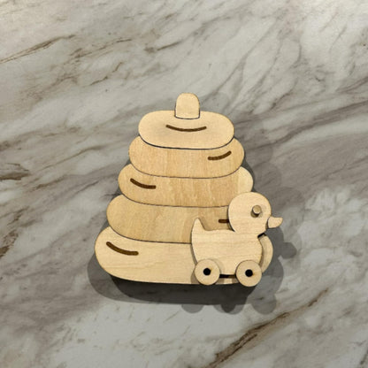 Baby Gift Card Holder with Wooden Stacking Rings Toy, Pull Duck Design, Handcrafted Basswood Keepsake for Baby Shower