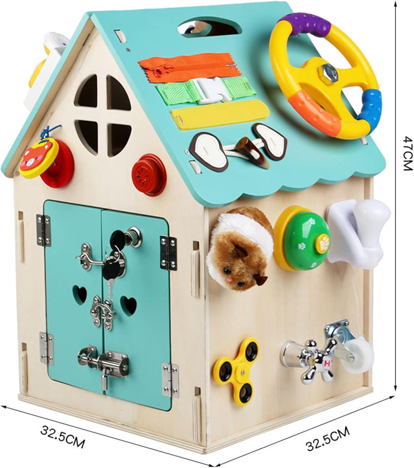 Montessori Wooden Busy House, Life Skills Activity Cube, Toddler Fine Motor Skills & Sensory Toy,Blue