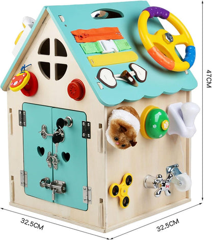 Montessori Wooden Busy House, Life Skills Activity Cube, Toddler Fine Motor Skills & Sensory Toy,Blue