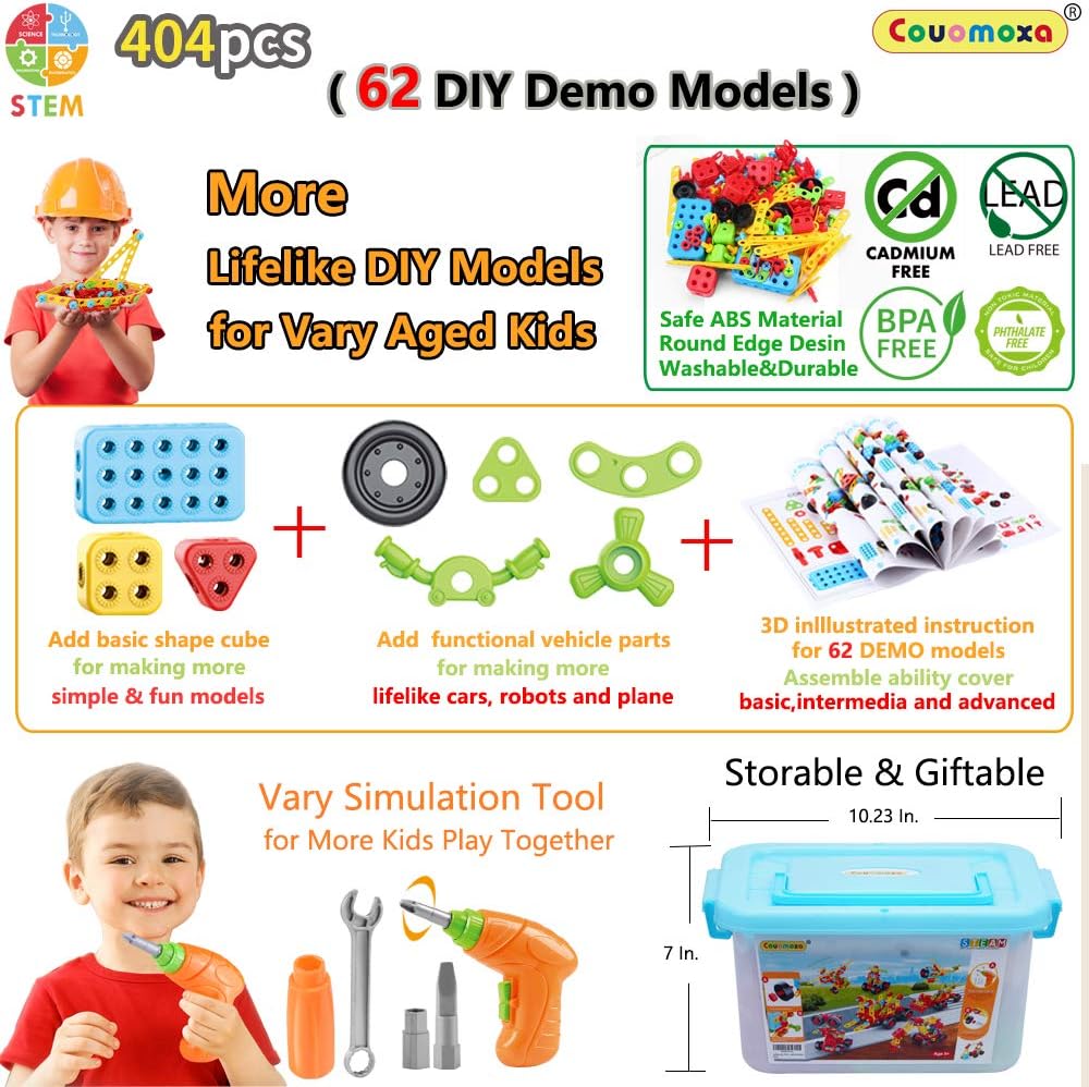 COUOMOXA 404 Pcs Building Toys STEM for Kids: 62 DIY Demo Models Construction Creative Set - Educational Toy for 5 6 7 8 9 10+ Years Old Kids Home School - Birthday Gift for Boys Girls