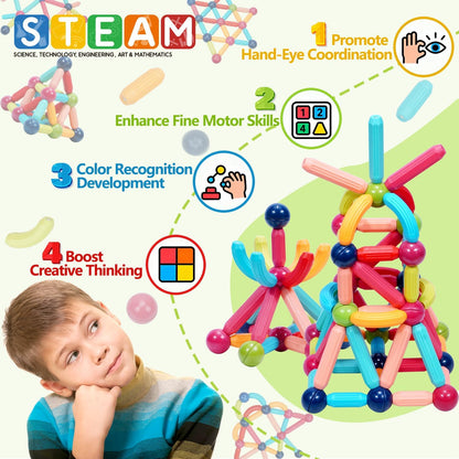 COUOMOXA Magnetic Toy Montessori for Kids: 3 4 5 6 7 8 9 10 11 12 Years Old Kids Building Sticks - Magnetic Creative Toy Age 3-12 Playroom Family - Christmas Birthday Gift for Boys Girls