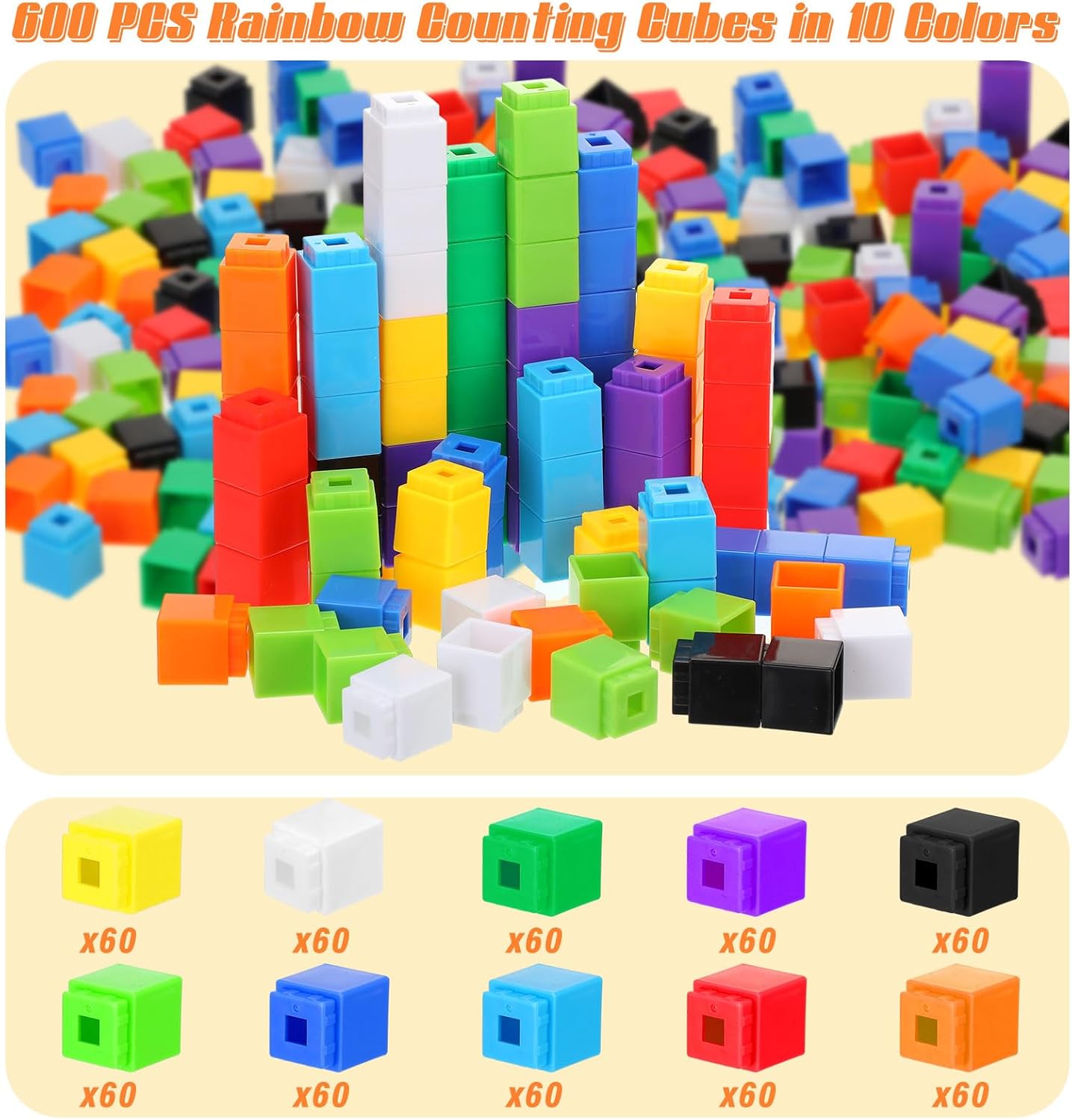 Shappy 600 Pcs Math Cubes Educational Counting Toy Math Manipulatives Connecting Counting Cubes Blocks for Learning Classroom Homeschool Supplies(Simple)