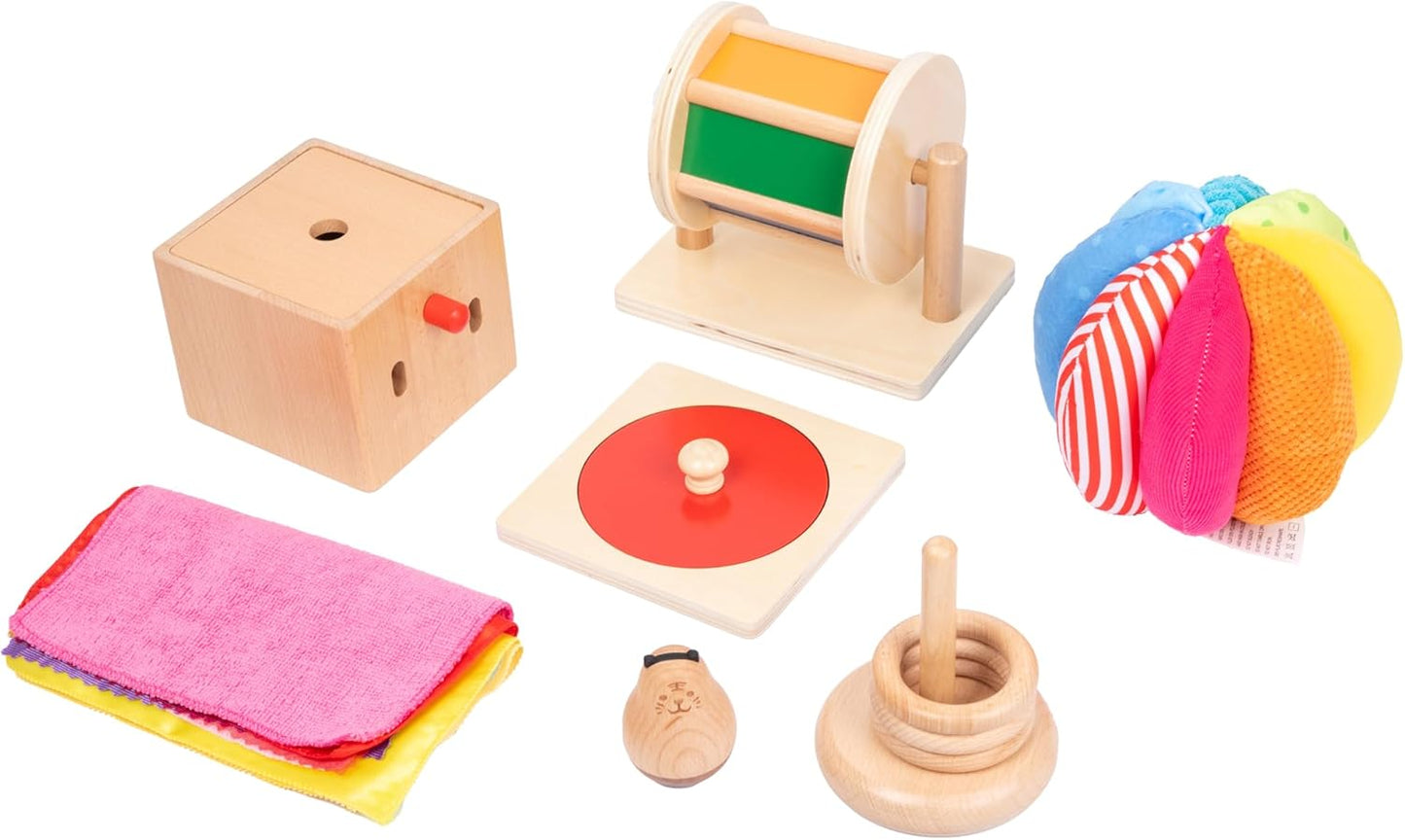 Adena Montessori Play Kit for 3-4 Months Baby,8 in 1 Wooden Learning Educational Toys for Toddler,Include Framed Mirror Book,High-Contrast Cards and More,Christmas Birthday Gift for Boys Girls