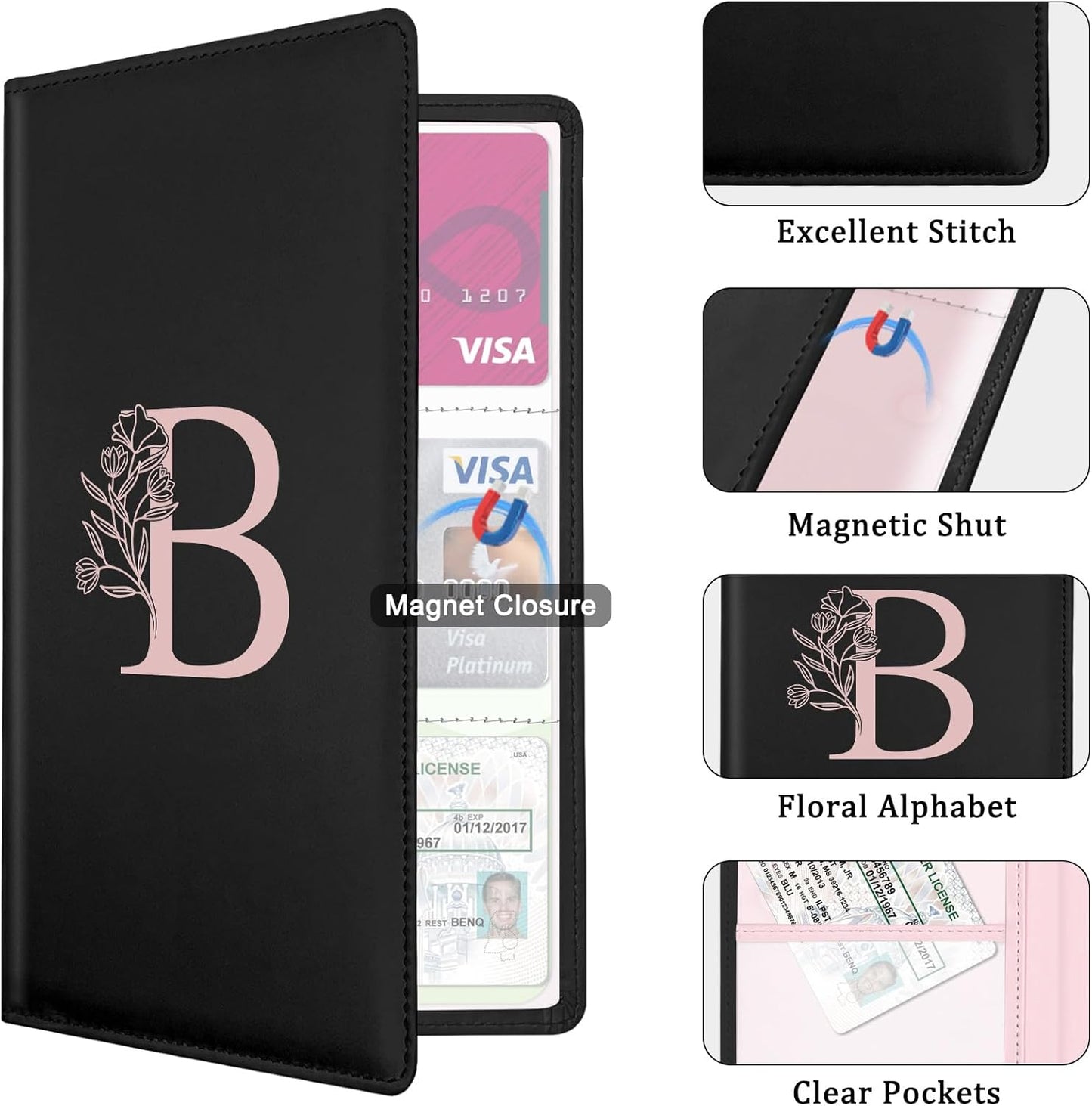 Letter Car Registration and Insurance Holder, with Magnetic Closure for License, Cards and Documents,Vehicle Glove Box Car Organizer, Interior Car Accessories for Women Men (I)