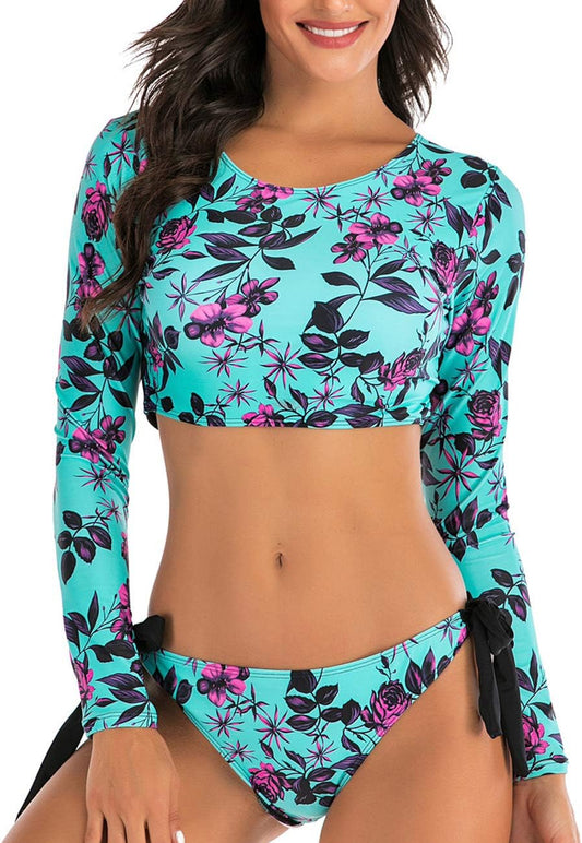 JadeRich Women's Fashion Pattern Long Sleeve Tankini Sets UPF 50+ Rash Guard Swimsuit Sun Block Swimwear