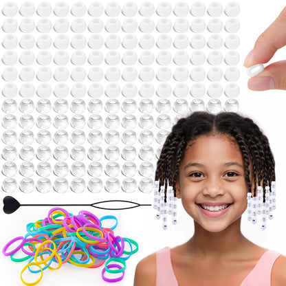150Pcs 10mm Small Silicone Beads for Hair Braids, Soft Jellyish Pony Hair Beads with 5mm Hole + 50 Rubber Bands and 1 Beader for Braiding, DIY Bracelets Necklaces Crafts (Pink)