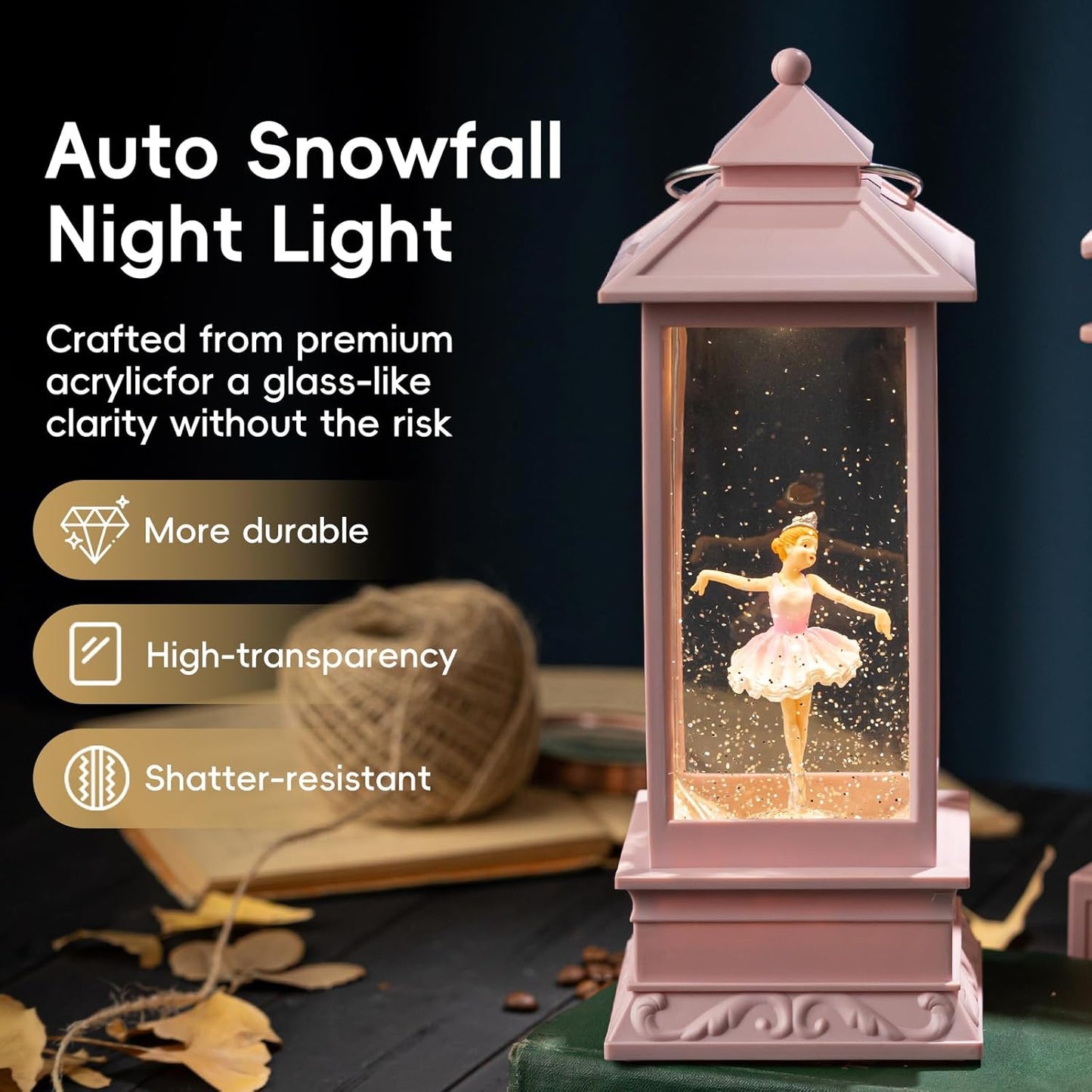 Snow Globe Lantern with Violin Girl – Shatterproof, Glitter Snowglobe 10 Songs Music Box, Led Light, USB or Battery Powered, for Girls Spring Day Gifts Birthday Home Decor Fall Decoration, Silver