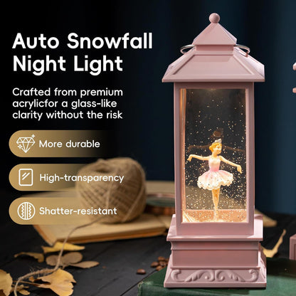 Snow Globe Lantern with Violin Girl – Shatterproof, Glitter Snowglobe 10 Songs Music Box, Led Light, USB or Battery Powered, for Girls Spring Day Gifts Birthday Home Decor Fall Decoration, Silver