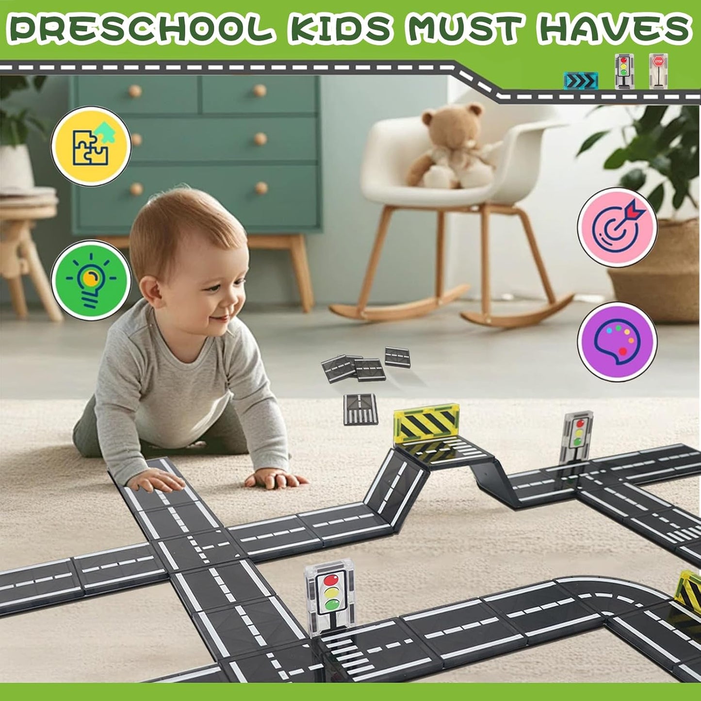 Magnetic Tiles Road Set, Magnet Tiles for Kids Ages 3-5 4-8 5-7, Magnetic Building Blocks Montessori Educational STEM Creativity Toys 3+ Year Old Boys & Girls Toddlers Kids Christmas Birthday Gifts