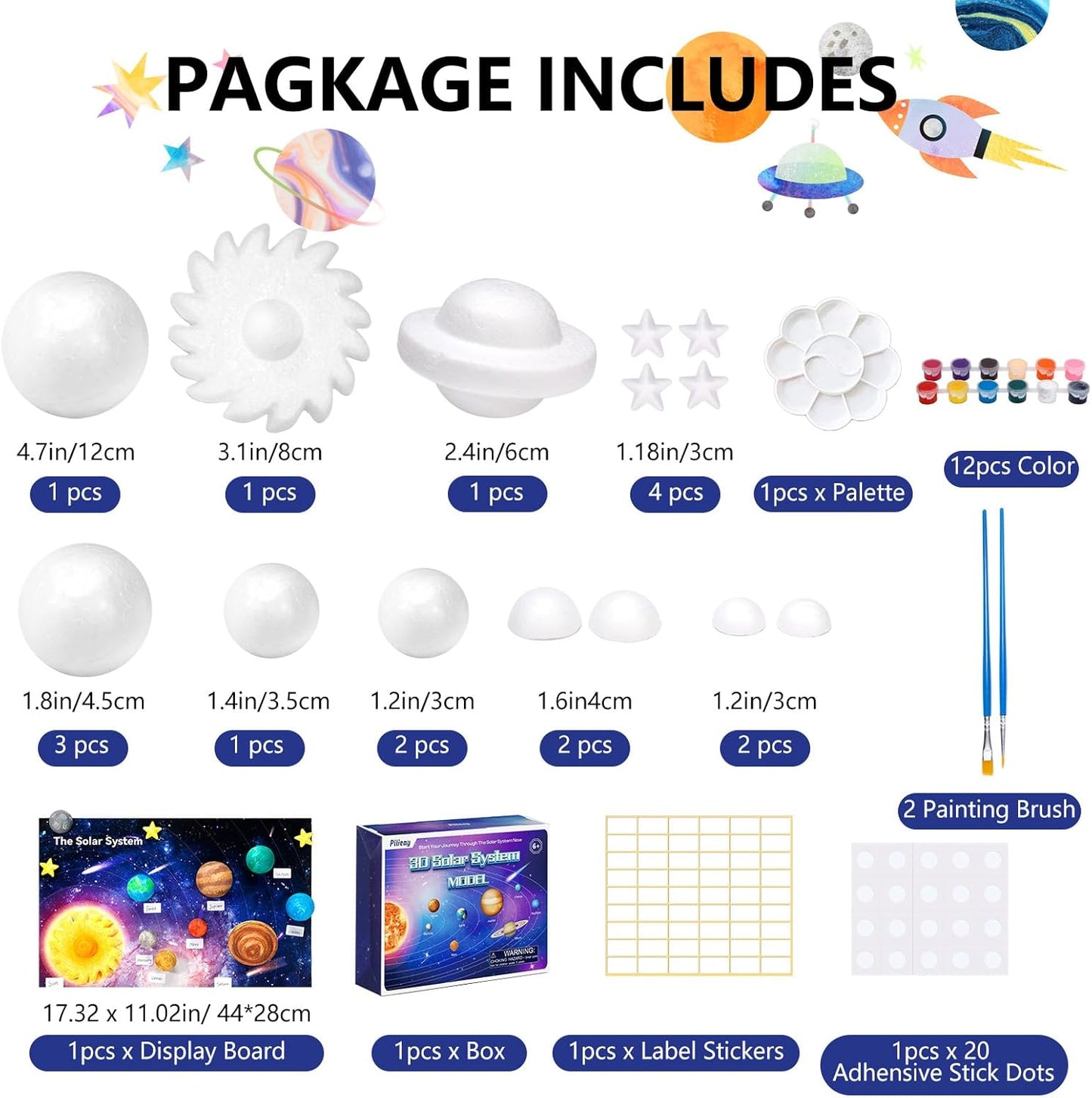 Pllieay Solar System Model Foam Ball Kit Includes 14PCS Mixed Sized Polystyrene Spheres Balls, 12PCS Bamboo Sticks, 12 Color Pigments, 2PCS Painting Brushes for School Science Projects