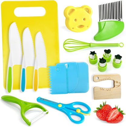 Chanking 13 Pieces Kids Safe Knife Set for Real Cooking Child-Friendly Plastic Chef Tools Montessori Kitchen Toys for Toddlers Birthday Gifts for Boys and Girls Ages 4+ (A)