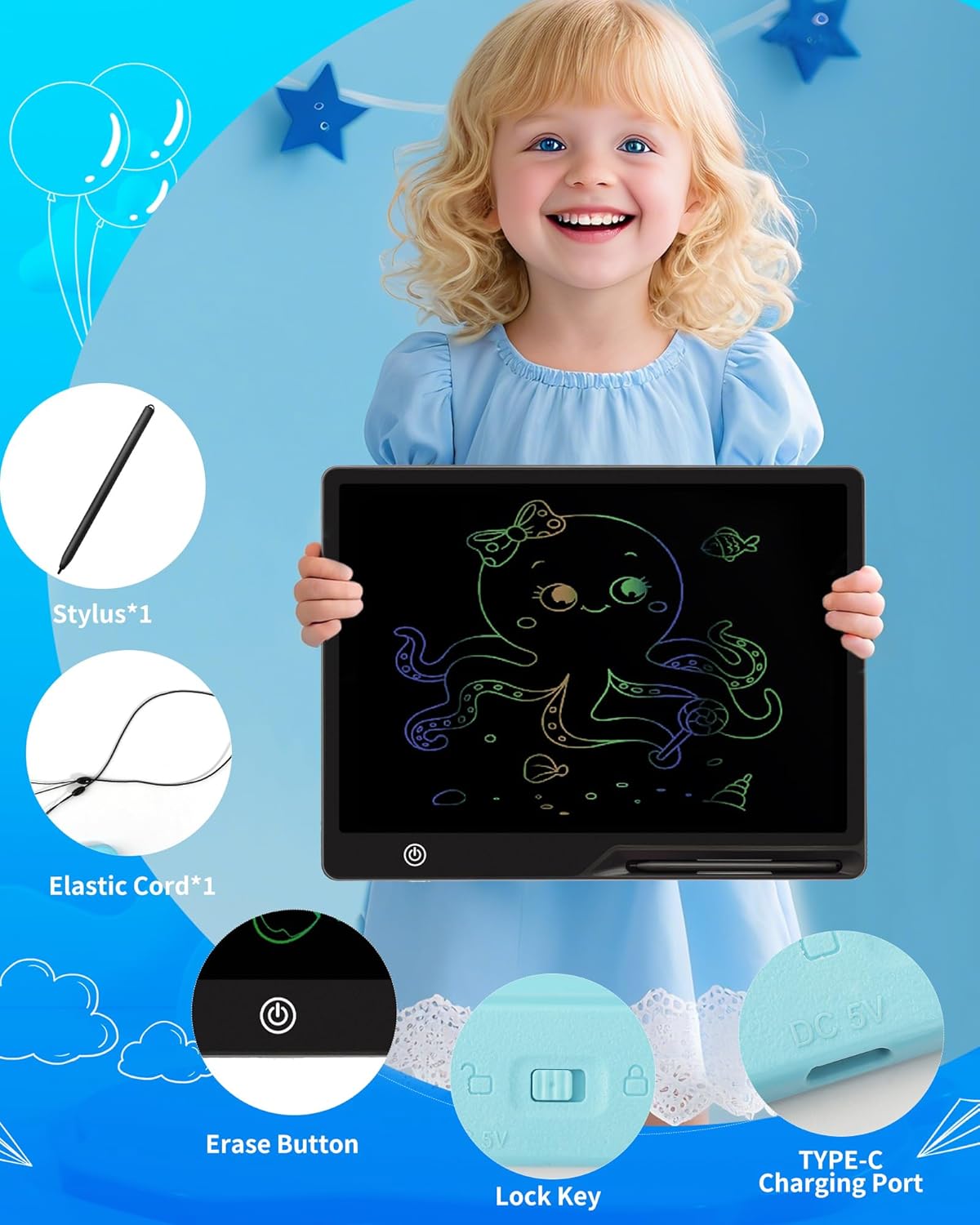 Magnetic LCD Writing Tablet for Fridge, 13 Inch Writing Tablet for Kids, Toddler Drawing Pad, Learning Toys for Boys Girls Ages 3.4.5.6.7.8, Writing Board for to-Do Lists and Family Messages (Blue)