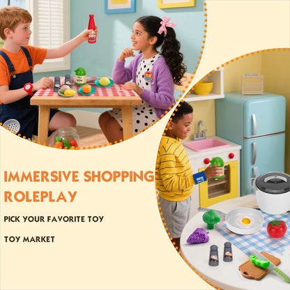 150Pcs Kitchen Playset, Toddlers Pretend Cooking Cookware Accessories, Food, Picnic Blanket, Fruits, Veges, 2Pack Shopping Storage Basket, Dessert and Prop Money, Gift for Kids (Pink)