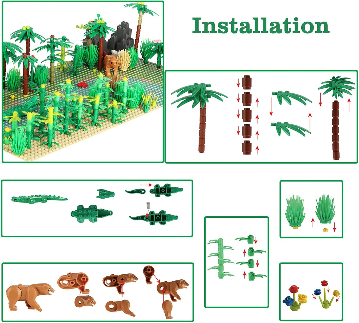Jungle Trees Building Bricks with 2 Base Plates (10 x 10 inch),Rainforest Plants Flowers Bushes Animals Kit, Botanical Parts Scenery Toys for Kids and Adults