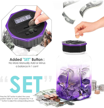 X-Large Piggy Bank for Adults Kids, Vcertcpl Digital Coin Counting Bank with LCD Counter, 2.4L Capacity, Great Coin Counter Bank Money Counting Jar with Total Amount Displayed (Purple)